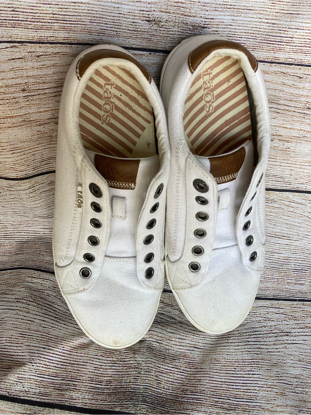 Taos Footwear Women’s White Canvas Sneakers with Brown Accents